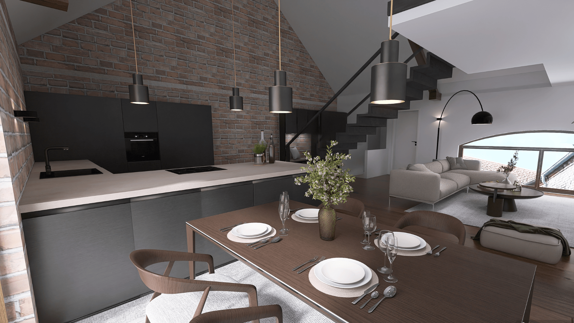 Wohn- und Essbereich der Maisonnette Wohnung in der ehemaligen Scheune