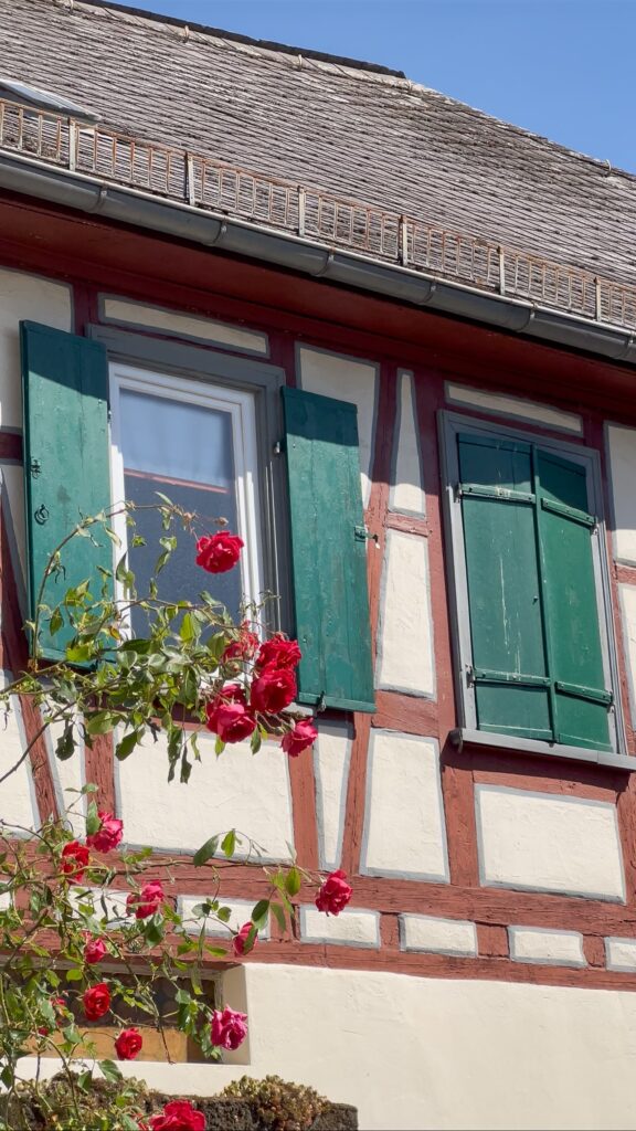 Blick vom Innenhof auf das Fachwerk des Eberbacher Hofs